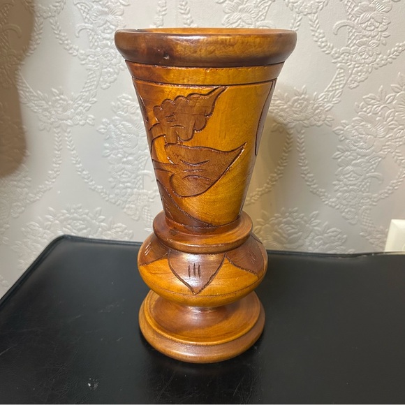 Vintage Other - Handcrafted Wooden Vase Folk Art Wood Carved Floral Design 9” high 4.5” across